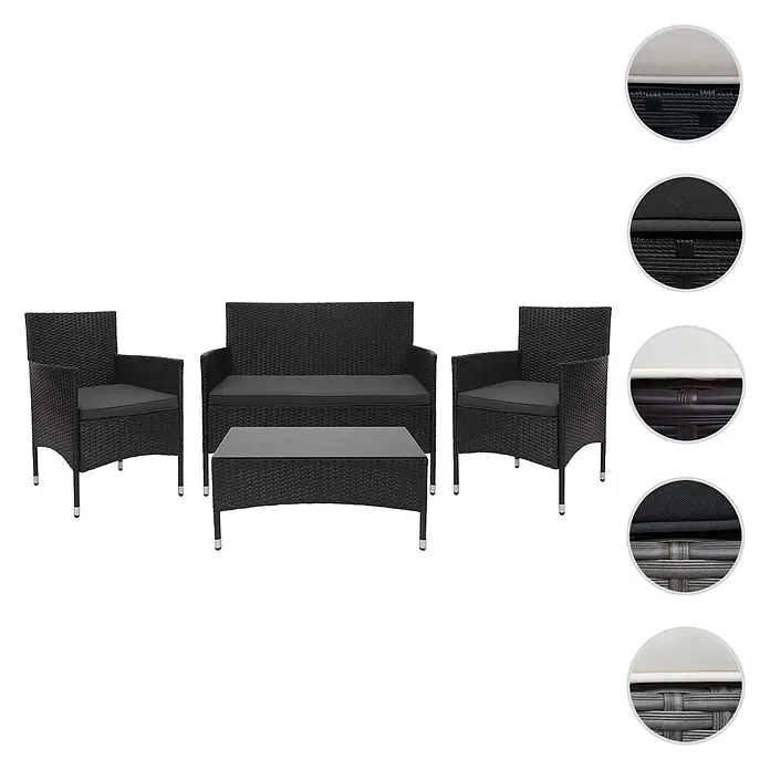 Mendler Poly-Rattan Garnitur HWC-F55 - schwarz, Kissen dunkelgrau -  - Schwarzes Rattan-Gartenmöbel-Set mit 2-Sitzer-Sofa, 2 Sesseln und Couchtisch mit Glasplatte. Inklusive dunkelgrauer Kissen.