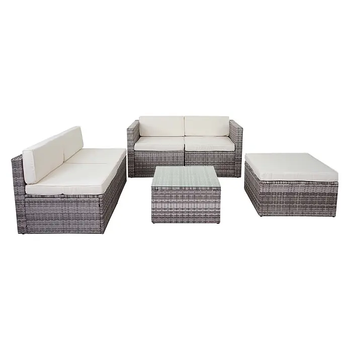 Mendler Poly-Rattan-Garnitur HWC-D24 - grau, Polster creme -  - Graues Rattan-Gartenmöbelset mit cremefarbenen Kissen: Ecksofa, Zweisitzer, quadratischer Couchtisch mit Glasplatte und Hocker.