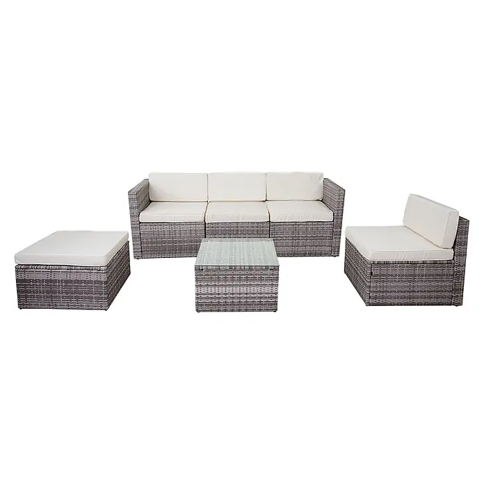 Mendler Poly-Rattan-Garnitur HWC-D24 - grau, Polster creme -  - Graues Rattan-Lounge-Set für den Außenbereich mit cremefarbenen Kissen: 3er-Sofa, Eckstuhl, Couchtisch und Hocker.