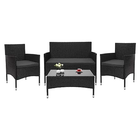 Mendler Poly-Rattan Garnitur HWC-F55 - schwarz, Kissen dunkelgrau
