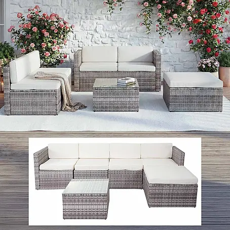 Mendler Poly-Rattan-Garnitur HWC-D24 - grau, Polster creme