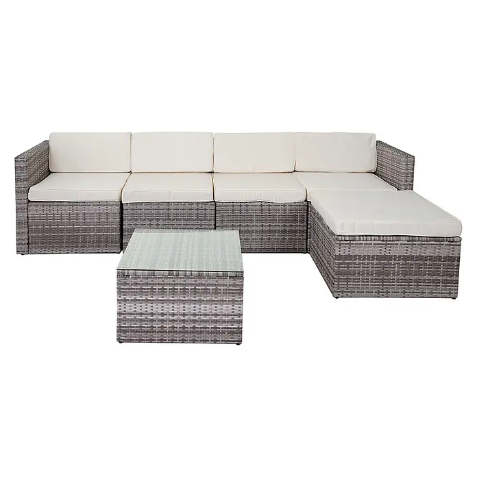 Mendler Poly-Rattan-Garnitur HWC-D24 - grau, Polster creme -  - Graues Rattan-Garten-Ecksofa-Set mit cremefarbenen Kissen und passendem Glastisch.
