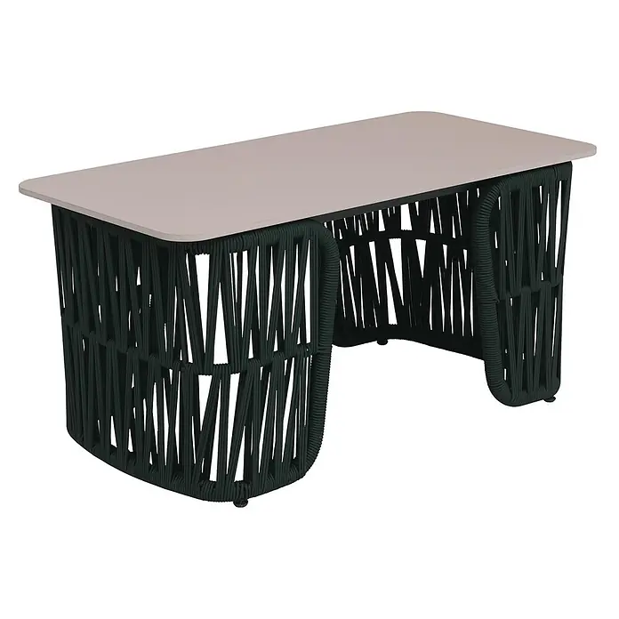 Mendler Loungemöbel-Set HWC-P90 - 4 -tlg., Textil, Grün, Grün - Moderner rechteckiger Tisch mit hellbeiger Platte und dunkelgrünem geflochtenem Seilgestell.