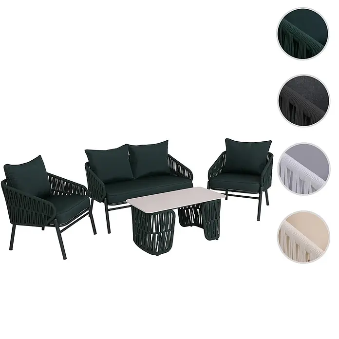 Mendler Loungemöbel-Set HWC-P90 - 4 -tlg., Textil, Grün, Grün - Dunkelgrüne 4-teilige Outdoor-Gartenmöbelgarnitur mit Stühlen, Loveseat aus Seilgeflecht und Couchtisch mit heller Platte.