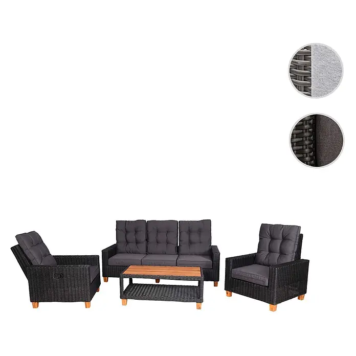 Mendler Loungemöbel-Set HWC-G28 - 4 -tlg., Polyrattan, Anthrazit, Kissen grau, Anthrazit, Kissen grau - Dunkelgraues Rattan-Gartenlounge-Set mit zwei Sesseln, einem Dreisitzer-Sofa und einem Couchtisch mit Holzplatte und passenden dunkelgrauen Kissen.