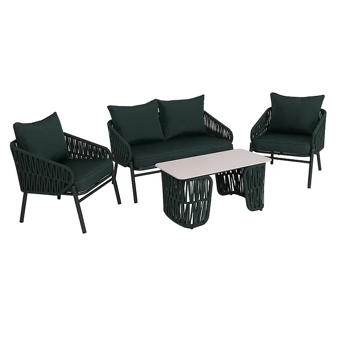 Mendler Loungemöbel-Set HWC-P90 - 4 -tlg., Textil, Grün, Grün - Dunkelgrünes geflochtenes Outdoor-Lounge-Set: 2-Sitzer-Sofa, 2 Sessel und Couchtisch mit heller Platte.