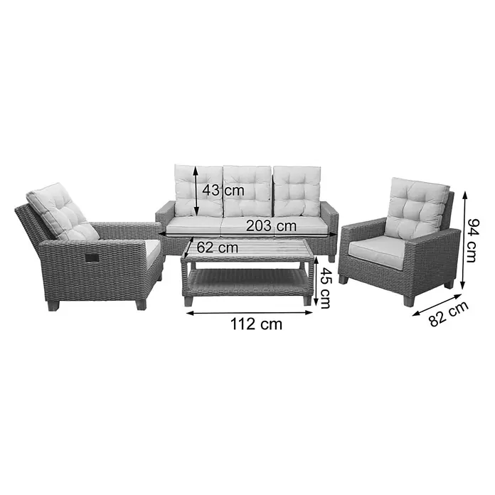 Mendler Loungemöbel-Set HWC-G28 - 4 -tlg., Polyrattan, Anthrazit, Kissen grau, Anthrazit, Kissen grau - Dunkles Polyrattan Garten-Lounge-Set mit 3er-Sofa, zwei Sesseln und Couchtisch, alle mit hellen Kissen.