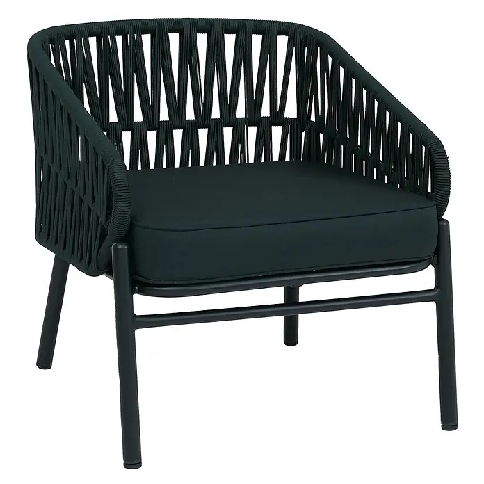 Mendler Loungemöbel-Set HWC-P90 - 4 -tlg., Textil, Grün, Grün - Dunkelgrüner Sessel mit geflochtener Kordelrückseite, dunklem Metallrahmen und passendem Kissen.