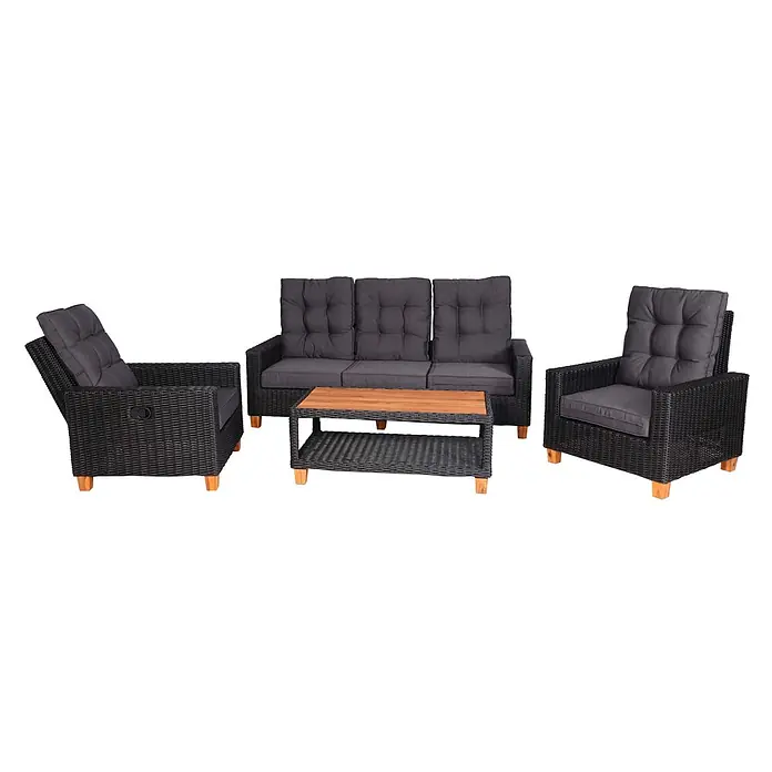 Mendler Loungemöbel-Set HWC-G28 - 4 -tlg., Polyrattan, Anthrazit, Kissen grau, Anthrazit, Kissen grau - Dunkelgraue Rattan-Gartenmöbelgarnitur: 3er-Sofa, 2 Sessel (einer verstellbar), Couchtisch mit Holzplatte, alle mit dunkelgrauen Kissen und Holzbeinen.