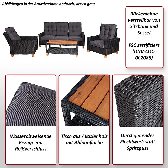 Mendler Loungemöbel-Set HWC-G28 - 4 -tlg., Polyrattan, Anthrazit, Kissen grau, Anthrazit, Kissen grau - Anthrazitfarbene Outdoor-Loungegruppe mit verstellbarem Sofa, zwei Sesseln und Akazienholz-Couchtisch. Graue wasserabweisende Kissen, durchgehendes Flechtwerk.