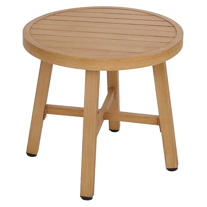 Mendler Loungemöbel-Set HWC-P82 - 3 -tlg., Metall, Holz-Optik olivgrün, Holz-Optik olivgrün - Runder Beistelltisch aus hellem Holz mit Lamellenplatte und vier Beinen mit Querstreben.