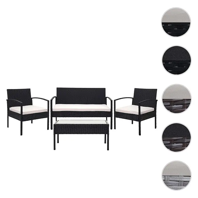Mendler Loungemöbel-Set HWC-F56 - 4 -tlg., Polyrattan, Schwarz, Kissen creme, Schwarz, creme - Schwarzes 4-teiliges Gartenmöbelset aus Rattan mit Sofa, zwei Sesseln und Couchtisch mit Glasplatte, alle mit cremefarbenen Kissen.
