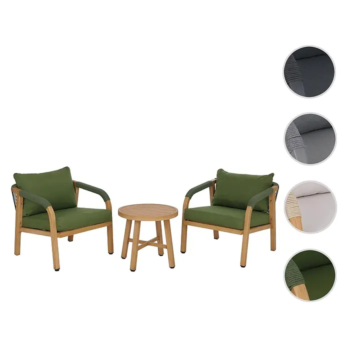 Mendler Loungemöbel-Set HWC-P82 - 3 -tlg., Metall, Holz-Optik olivgrün, Holz-Optik olivgrün - Outdoor-Lounge-Set mit zwei Holzsesseln, grünen Kissen, grün umwickelten Armlehnen und einem runden Holztisch.