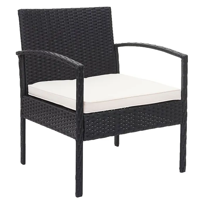 Mendler Loungemöbel-Set HWC-F56 - 4 -tlg., Polyrattan, Schwarz, Kissen creme, Schwarz, creme - Schwarzer Rattan-Gartenstuhl mit Armlehnen und weißem Sitzkissen.