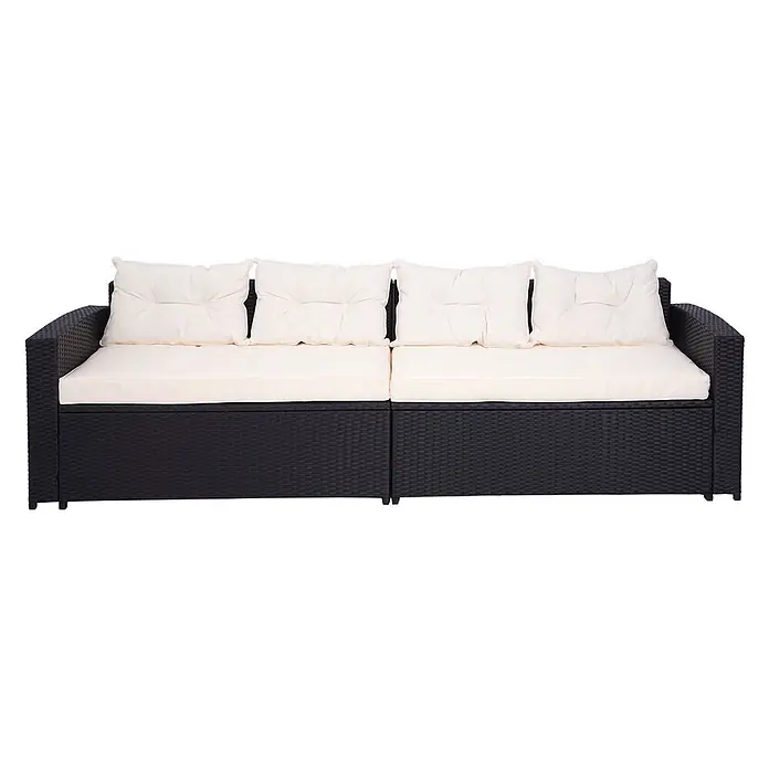 Mendler Loungemöbel-Set HWC-J34 - 4 -tlg., Polyrattan, Schwarz, Kissen creme-beige, Schwarz - Dunkelbraunes Rattan-Gartensofa mit vier cremefarbenen Sitzkissen und vier passenden Rückenkissen.