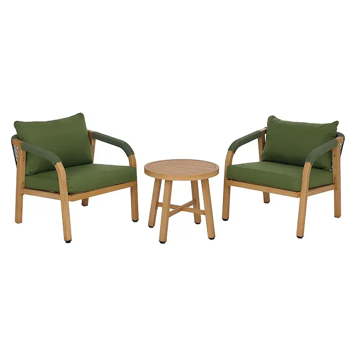 Mendler Loungemöbel-Set HWC-P82 - 3 -tlg., Metall, Holz-Optik olivgrün, Holz-Optik olivgrün - Gartenmöbel-Set mit zwei Holzstühlen, grünen Kissen und Seilakzenten an den Armlehnen sowie einem passenden runden Holztisch.