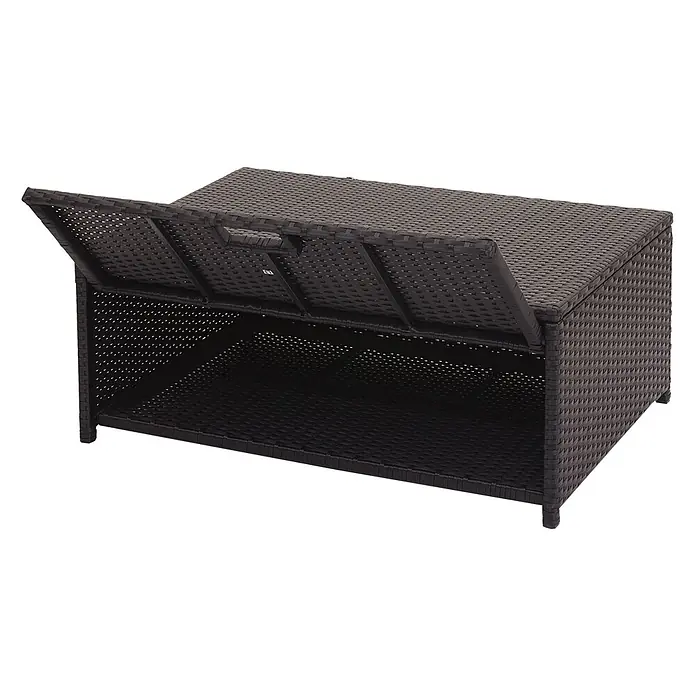 Mendler Loungemöbel-Set HWC-J34 - 4 -tlg., Polyrattan, Schwarz, Kissen creme-beige, Schwarz - Dunkelbraune Rattan-Aufbewahrungsbox mit teilweise geöffnetem Deckel, der den Stauraum zeigt.