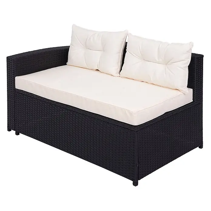 Mendler Loungemöbel-Set HWC-J34 - 4 -tlg., Polyrattan, Schwarz, Kissen creme-beige, Schwarz - Schwarze Rattan-Optik Outdoor-Sofa mit linker Armlehne und weißen Kissen.