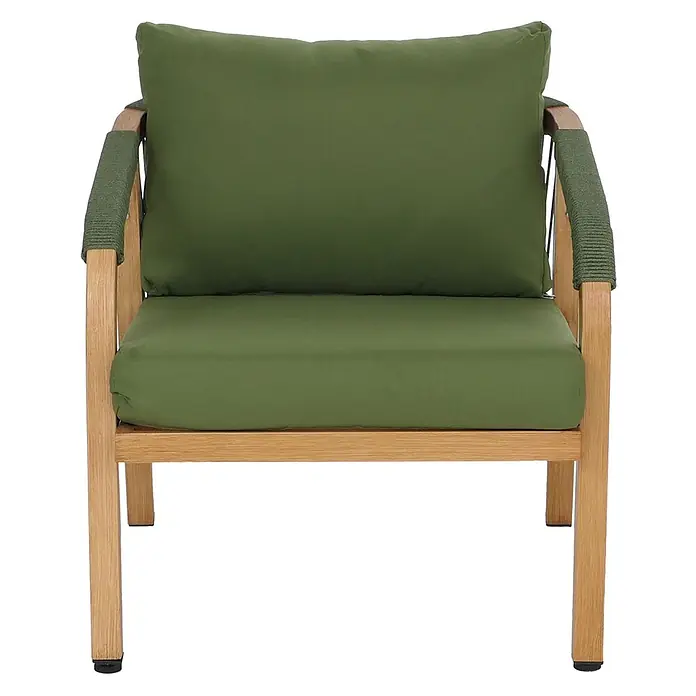 Mendler Loungemöbel-Set HWC-P82 - 3 -tlg., Metall, Holz-Optik olivgrün, Holz-Optik olivgrün - Moderner Outdoor-Loungesessel mit hellem Holzrahmen, olivgrünen Kissen und umwickelten Armlehnen.