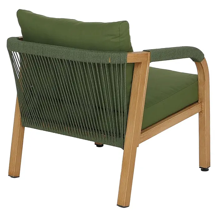 Mendler Loungemöbel-Set HWC-P82 - 3 -tlg., Metall, Holz-Optik olivgrün, Holz-Optik olivgrün - Grüner Polster-Gartensessel mit hellbraunem Rahmen und grüner Seilgeflecht-Rückenlehne und Armlehnen.