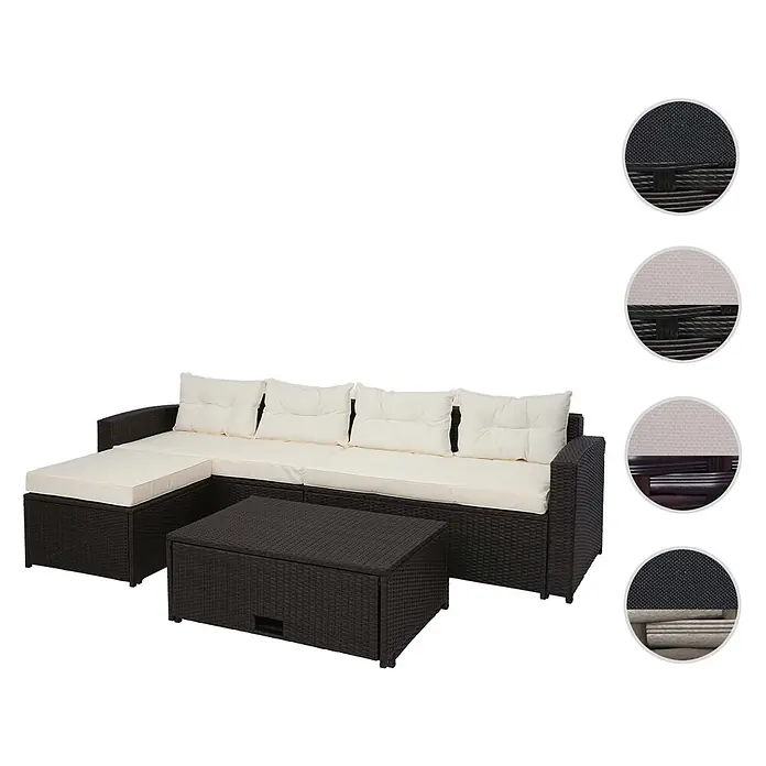 Mendler Loungemöbel-Set HWC-J34 - 4 -tlg., Polyrattan, Schwarz, Kissen creme-beige, Schwarz - Dunkelbraune Rattan-L-förmige Gartensofa-Garnitur mit Couchtisch und cremefarbenen Kissen.