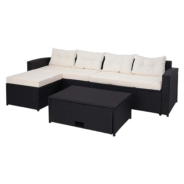 Mendler Loungemöbel-Set HWC-J34 - 4 -tlg., Polyrattan, Schwarz, Kissen creme-beige, Schwarz - Schwarzes Rattan-Ecksofa mit cremefarbenen Kissen und passendem Stauraumtisch.