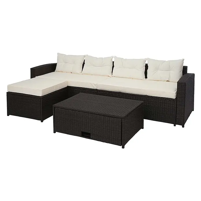 Mendler Loungemöbel-Set HWC-J34 - 4 -tlg., Polyrattan, Braun, Kissen creme-beige, Braun - Dunkelbraune Rattan-Gartenlounge mit cremefarbenen Polstern und passendem Couchtisch.