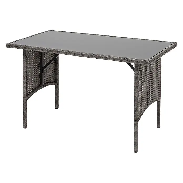 Mendler Loungemöbel-Set HWC-G16 - 3 -tlg., Polyrattan, Grau, Kissen dunkelgrau, Grau - Rechteckiger grauer Rattan-Effekt Outdoor-Tisch mit dunkelgrauer Glasplatte.