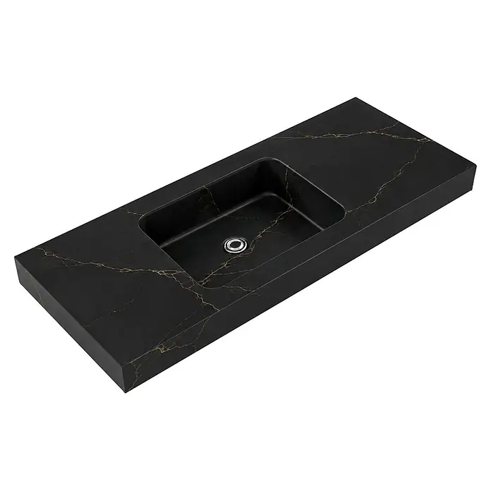 Lavabo de sobremesa Santorini - 81 x 46 cm, Calacata negro y oro, Resina sintética - Encimera negra con lavabo integrado y vetas doradas.