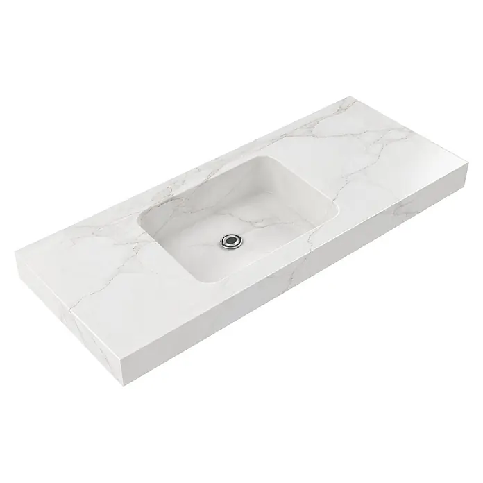 Lavabo de sobremesa Santorini - 101 x 46 cm, Calacata blanco, Resina sintética - Encimera blanca efecto mármol con lavabo integrado y desagüe cromado.