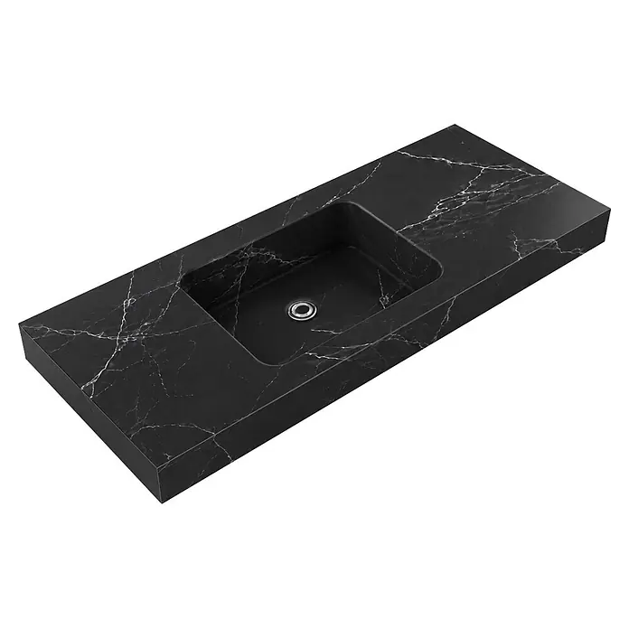 Lavabo de sobremesa Santorini - 101 x 46 cm, Calacata negro y blanco, Resina sintética - Encimera de mármol negro con lavabo integrado y vetas blancas.