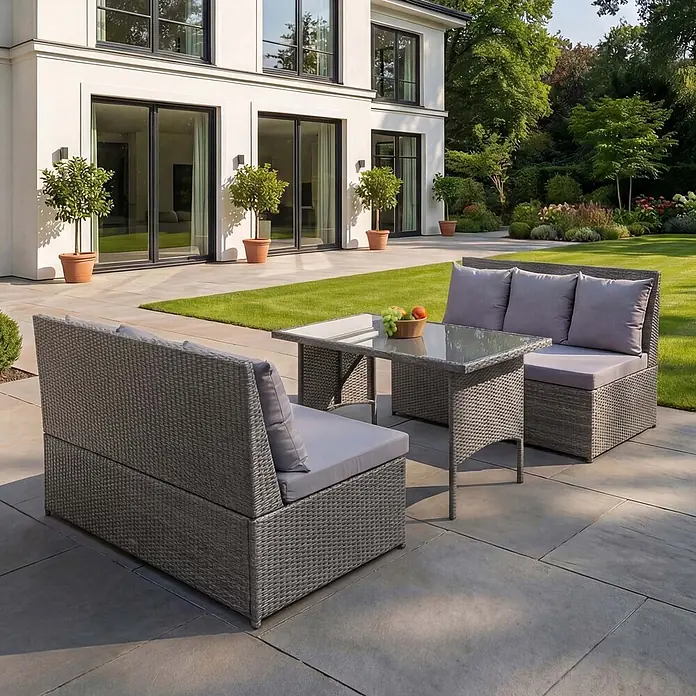 Mendler Loungemöbel-Set HWC-G16 - 3 -tlg., Polyrattan, Grau, Kissen dunkelgrau, Grau - Graue Rattan-Gartenlounge mit zwei Sofas und Glasplatte, hellgrauen Polstern, auf einer gepflasterten Terrasse.