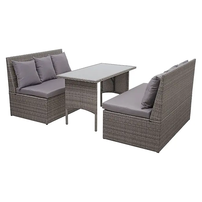 Mendler Loungemöbel-Set HWC-G16 - 3 -tlg., Polyrattan, Grau, Kissen dunkelgrau, Grau - Graues Rattan-Outdoor-Essset mit zwei Sofabänken und einem Glastisch, inklusive grauer Kissen.