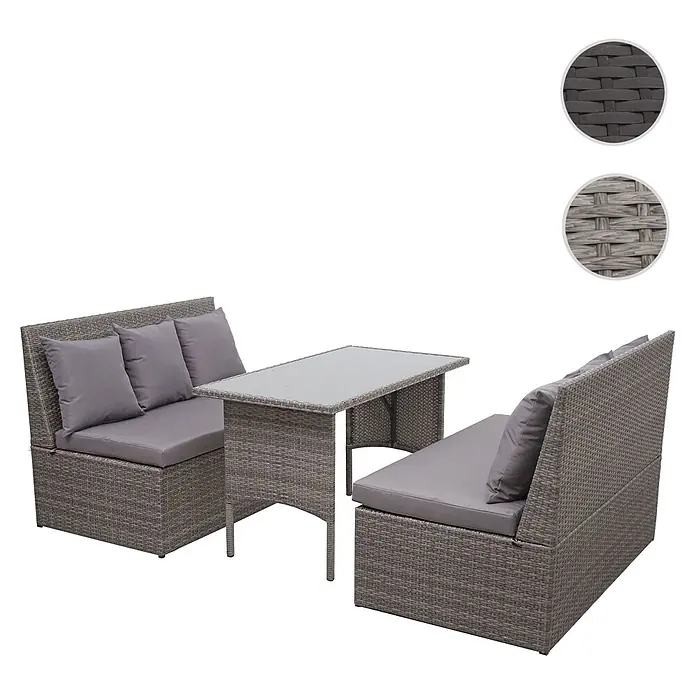 Mendler Loungemöbel-Set HWC-G16 - 3 -tlg., Polyrattan, Grau, Kissen dunkelgrau, Grau - Graues Rattan-Gartenmöbelset mit zwei gepolsterten Bänken und Glastisch.