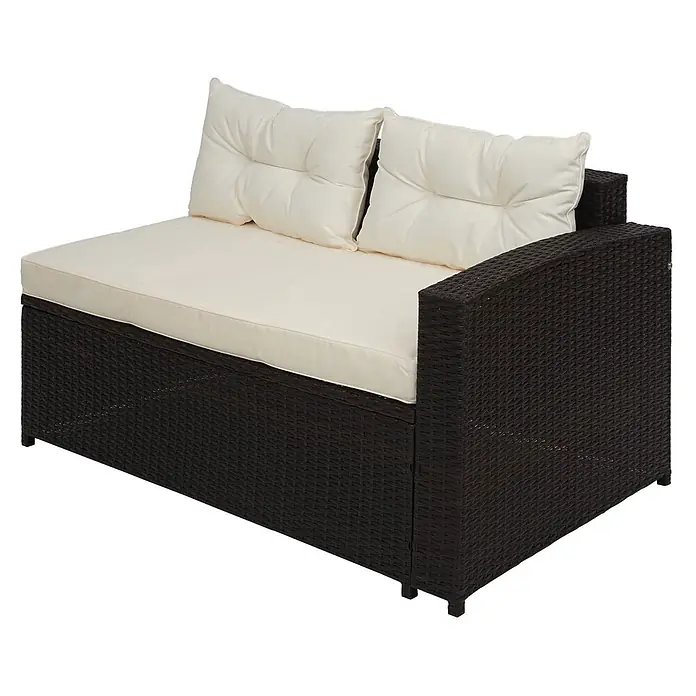 Mendler Loungemöbel-Set HWC-J34 - 4 -tlg., Polyrattan, Braun, Kissen creme-beige, Braun - Dunkelbraune Rattan-Gartenliege mit cremefarbenen Sitz- und Rückenkissen.