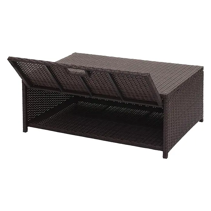 Mendler Loungemöbel-Set HWC-J34 - 4 -tlg., Polyrattan, Braun, Kissen creme-beige, Braun - Dunkelbraune Polyrattan-Aufbewahrungsbox mit teilweise geöffnetem Klappdeckel, der den Innenraum zeigt.