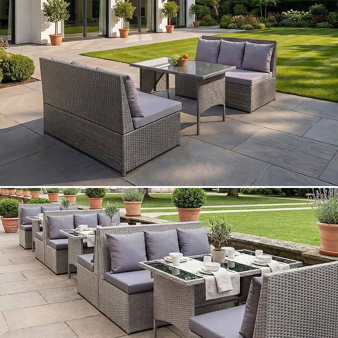 Mendler Loungemöbel-Set HWC-G16 - 3 -tlg., Polyrattan, Grau, Kissen dunkelgrau, Grau - Graue Rattan-Gartensofa-Essgruppen mit Glastischen und hellgrauen Kissen, auf einer Terrasse zum Essen im Freien.