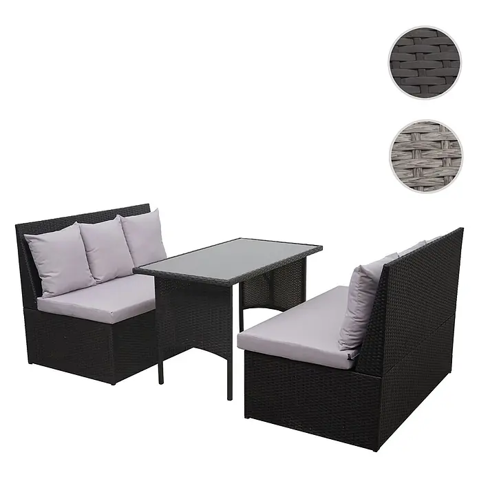 Mendler Loungemöbel-Set HWC-G16 - 3 -tlg., Polyrattan, Schwarz, Kissen hellgrau, Schwarz - Dunkles Rattan-Gartenmöbelset mit zwei Bänken und Glastisch, inkl. hellgrauen Kissen.