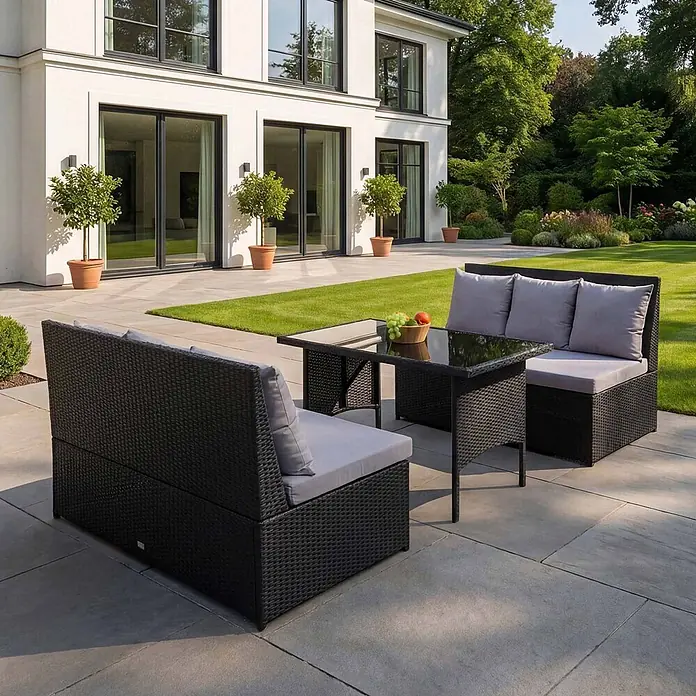 Mendler Loungemöbel-Set HWC-G16 - 3 -tlg., Polyrattan, Schwarz, Kissen hellgrau, Schwarz - Schwarze Rattan-Gartenmöbelgarnitur mit grauen Kissen, bestehend aus zwei Sofas und einem Glastisch.