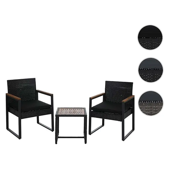 Mendler Loungemöbel-Set HWC-P74 - 3 -tlg., Polyrattan, Schwarz, Polster schwarz, Schwarz - 3-teiliges Gartenmöbel-Set mit zwei schwarzen Rattan-Stühlen mit schwarzen Kissen und Holzarmlehnen sowie einem passenden Rattan-Tisch mit Holzplatte.