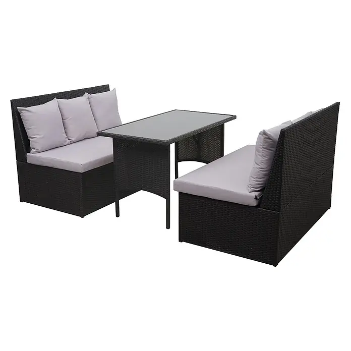 Mendler Loungemöbel-Set HWC-G16 - 3 -tlg., Polyrattan, Schwarz, Kissen hellgrau, Schwarz - Dunkelbraunes Rattan-Gartenset mit zwei Bänken und rechteckigem Tisch mit Glasplatte, inklusive hellgrauen Kissen.