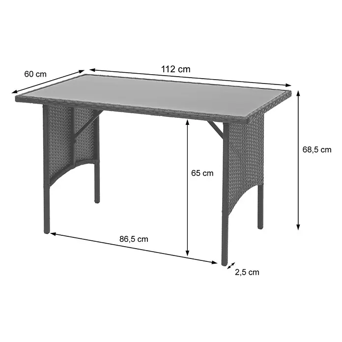 Mendler Loungemöbel-Set HWC-G16 - 3 -tlg., Polyrattan, Schwarz, Kissen hellgrau, Schwarz - Dunkler rechteckiger Gartentisch in Rattan-Optik mit Glasplatte, inklusive Maßen.