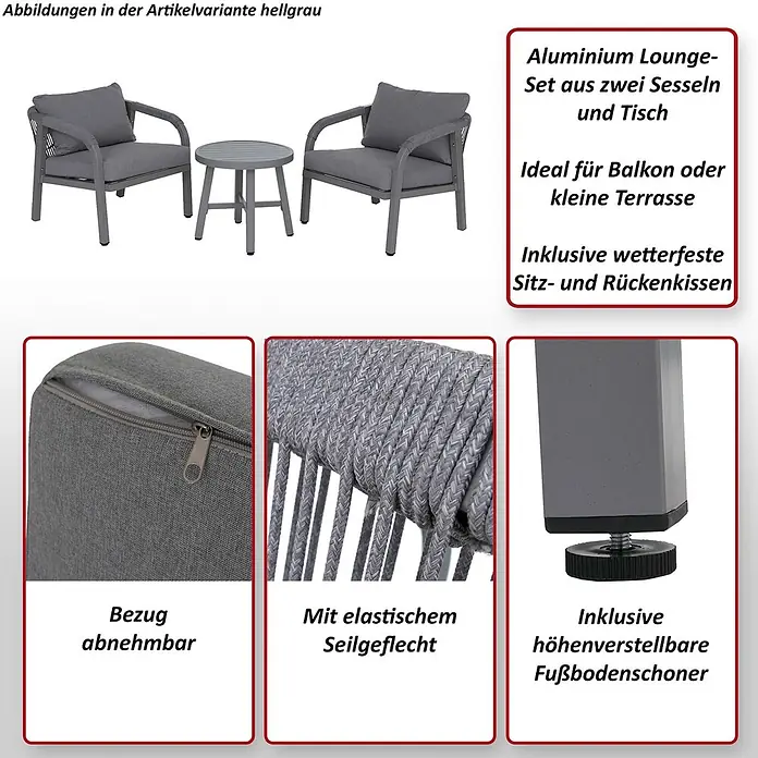 Mendler Aluminium Lounge-Set HWC-P82 Stoff/Textil - Holz-Optik creme -  - Graues Aluminium Lounge-Set mit zwei Sesseln und einem Tisch, ideal für Balkone, mit wetterfesten Kissen, Seilgeflecht und verstellbaren Füßen.