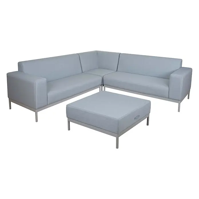 Mendler Loungemöbel-Set HWC-C47 - 4 -tlg., Textil, Blau ohne Ablage, ohne Kissen, Blau - Hellblaues modulares Ecksofa-Set mit Ottoman, mit schlankem Metallrahmen.