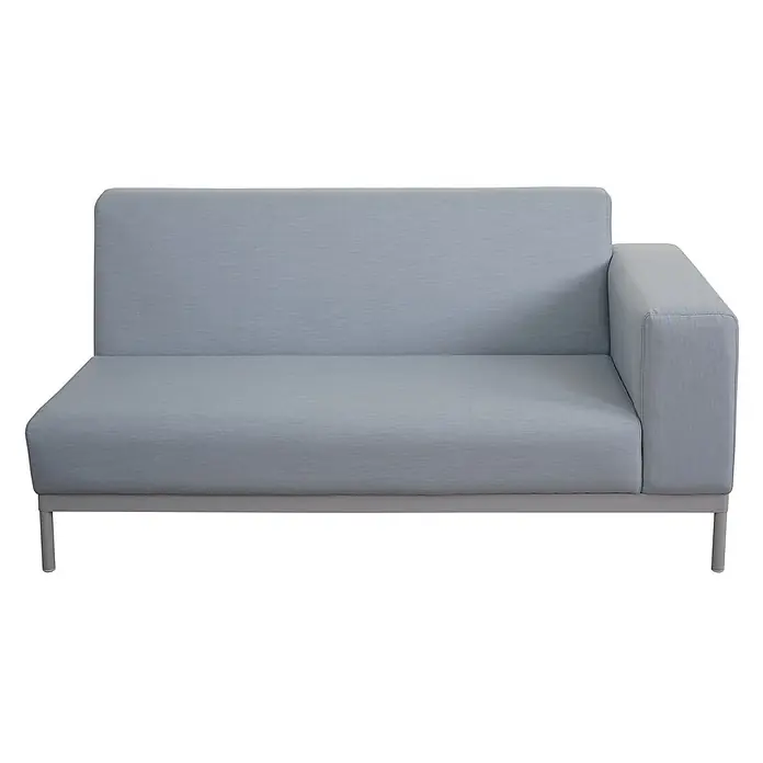 Mendler Loungemöbel-Set HWC-C47 - 4 -tlg., Textil, Blau ohne Ablage, ohne Kissen, Blau - Hellblaues Sofa-Seitenteil mit linker Armlehne, Stoffbezug und grauem Metallgestell.