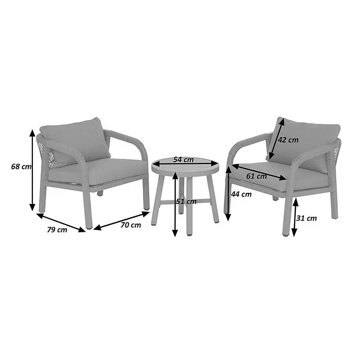 Mendler Aluminium Lounge-Set HWC-P82 Stoff/Textil - Holz-Optik creme -  - Graues Outdoor-Loungeset mit zwei Stühlen und einem runden Couchtisch.