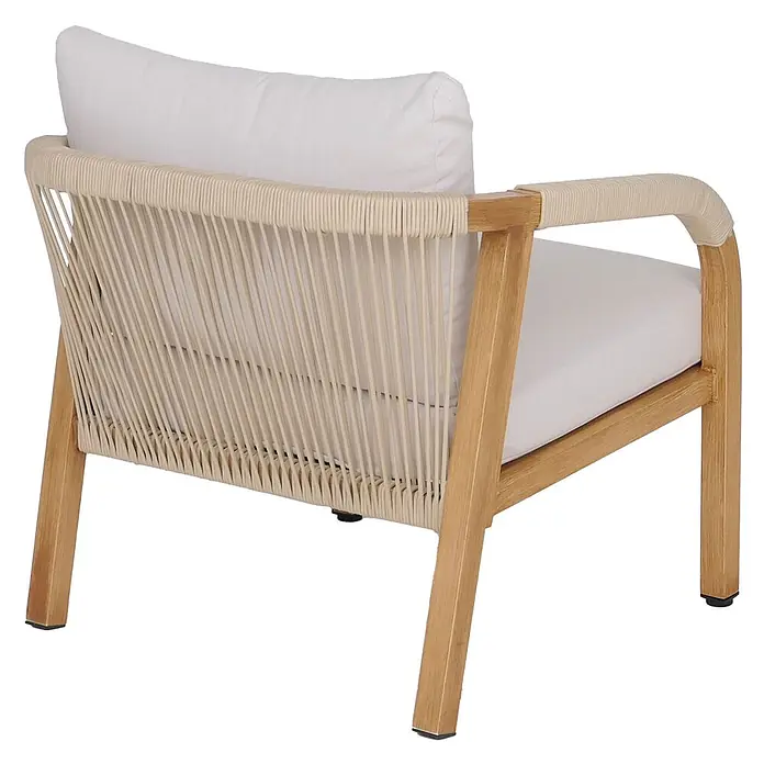 Mendler Aluminium Lounge-Set HWC-P82 Stoff/Textil - Holz-Optik creme -  - Lounge-Sessel aus Holz mit beigem Seilgeflecht und weißen Kissen.