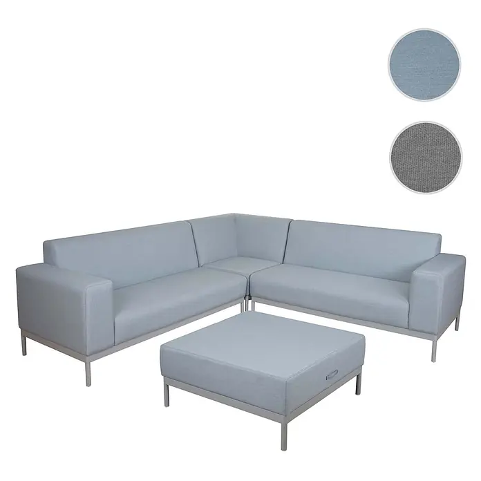 Mendler Loungemöbel-Set HWC-C47 - 4 -tlg., Textil, Blau ohne Ablage, ohne Kissen, Blau - Hellblaues L-förmiges Outdoor-Sofa mit passendem Hocker und Metallrahmen.