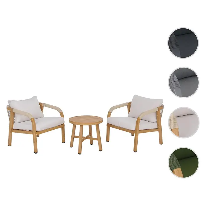 Mendler Aluminium Lounge-Set HWC-P82 Stoff/Textil - Holz-Optik creme -  - Outdoor-Lounge-Set mit zwei Holzsesseln, weißen Kissen, seilumwickelten Armlehnen und einem passenden runden Beistelltisch aus Holz.