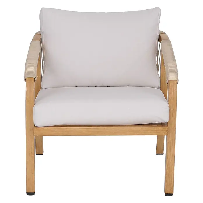 Mendler Aluminium Lounge-Set HWC-P82 Stoff/Textil - Holz-Optik creme -  - Holz-Sessel mit hellbeigen Kissen und seilumwickelten Armlehnen.